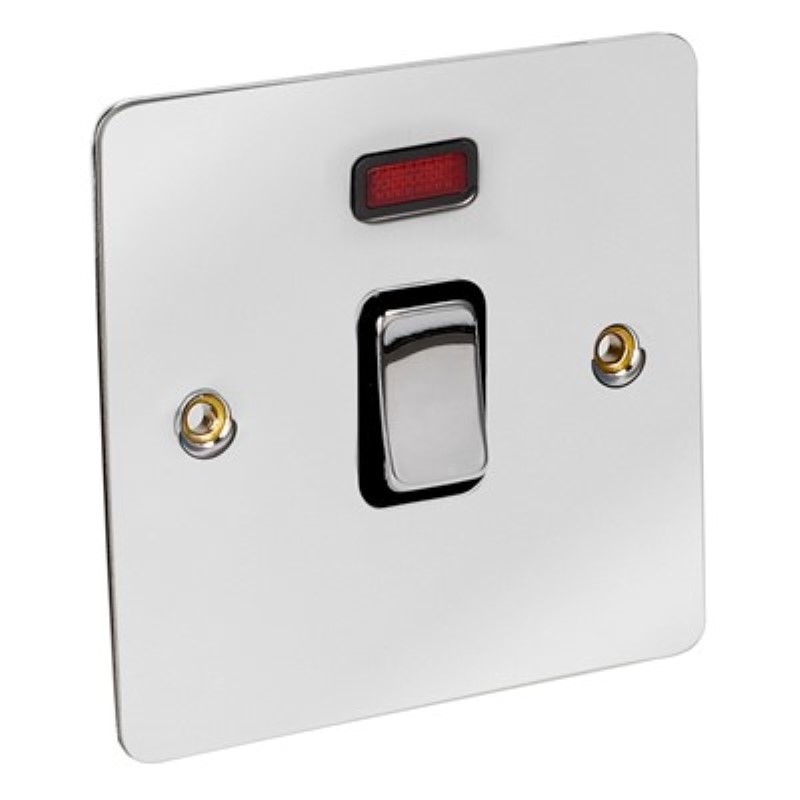 Flat Plate 20Amp Double Pole Switch + Neon *Chrome/Black Insert - Click Image to Close